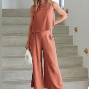 ANRABESS Women's 2 Piece Outfit Med Sleeveless Crop Top Capri Wide Leg